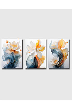 Çerçevesiz Poster, Soyut Modern Çiçek 3'lü Poster Seti,Turuncu,Mavi Dekoratif Duvar Posteri