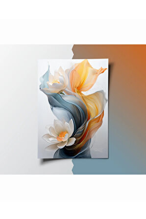 Çerçevesiz Poster, Soyut Modern Çiçek 3'lü Poster Seti,Turuncu,Mavi Dekoratif Duvar Posteri