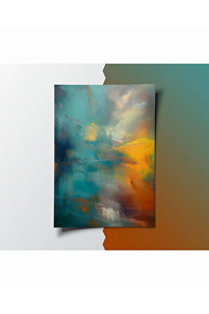 Çerçevesiz Poster, Soyut Modern Sarı,Mavi,Turkuaz Yağlı Boya Efektli, Dijital Baskı 3'lü Set