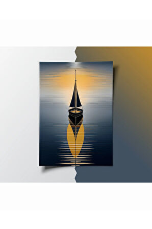 Çerçevesiz Poster 2'li Set, Soyut Gün Batımı ve Yelkenli Tekne Temalı Modern Dekorasyon