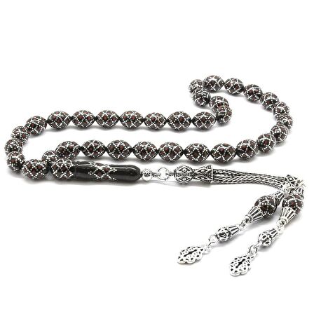 925 Ayar Gümüş Püsküllü Gümüş-Mercan İşlemeli Arpa Kesim Erzurum Oltu Taşı Tesbih (M-1)