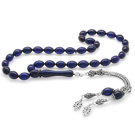 925 Ayar Gümüş Çift Püsküllü Arpa Kesim Lacivert Sıkma Kehribar Tesbih