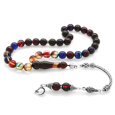 925 Ayar Gümüş Püsküllü Küre Kesim Süzme Bonibon Ateş Kehribar Tesbih