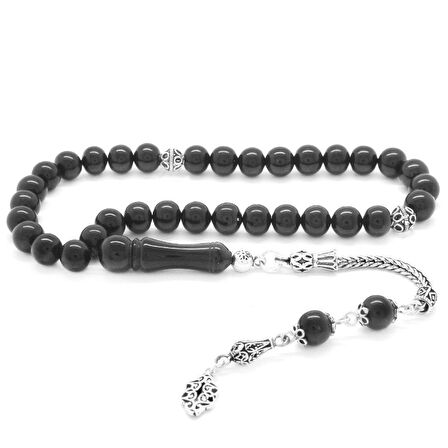 925 Ayar Gümüş Püsküllü Küre Kesim Sade Erzurum Oltu Taşı Tesbih