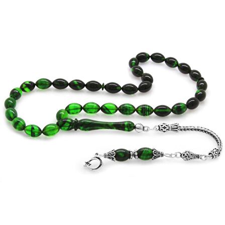 925 Ayar Gümüş Püsküllü Arpa Kesim Süzme Yeşil-Siyah Ateş Kehribar Tesbih
