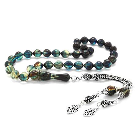 925 Ayar Gümüş Püsküllü İstanbul Kesim Süzme Mavi-Beyaz Ateş Kehribar Tesbih