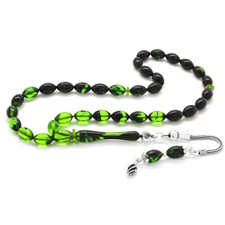 925 Ayar Gümüş Püsküllü Bilek Boy Süzme Yeşil-Siyah Ateş Kehribar Tesbih