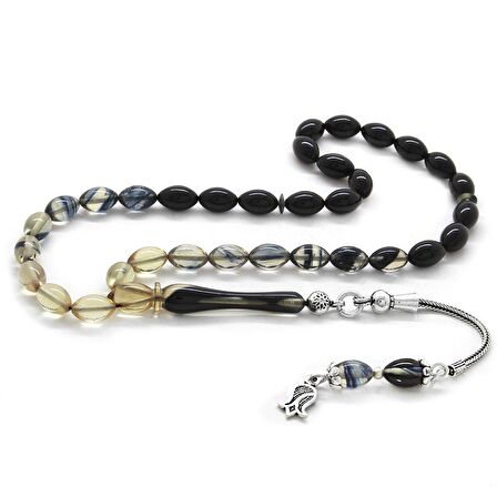 925 Ayar Gümüş Püsküllü Bilek Boy Süzme Siyah-Beyaz Ateş Kehribar Tesbih