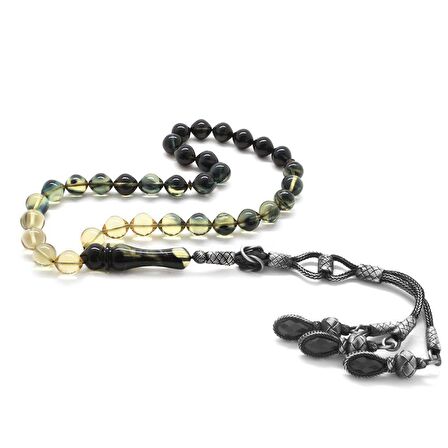 1000 Ayar Gümüş Kazaz Püsküllü İstanbul Kesim Süzme Siyah-Beyaz Ateş Kehribar Tesbih