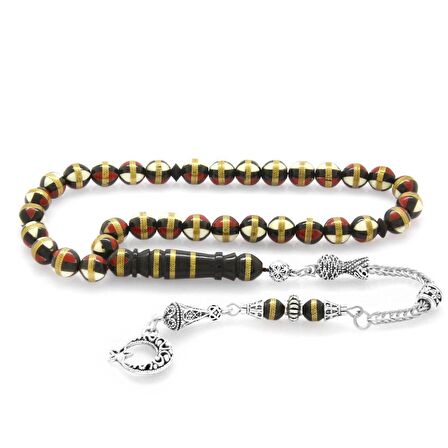 Kararmaz Metal Püsküllü Kırmızı-Beyaz Mine Dolgulu Pirinç Sarmal Küre Kesim Kuka Tesbih