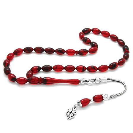 925 Ayar Gümüş Püsküllü Bilek Boy Kırmızı-Siyah Ateş Kehribar Tesbih