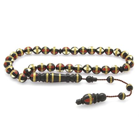 Sistemli Kırmızı-Beyaz Mine Dolgulu Pirinç Sarmal Küre Kesim Kuka Tesbih