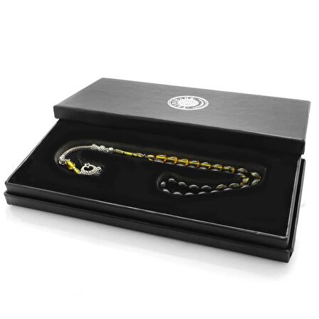 Ayyıldız Kararmaz Metal Püsküllü Arpa Kesim Süzme Sarı-Siyah Ateş Kehribar Tesbih