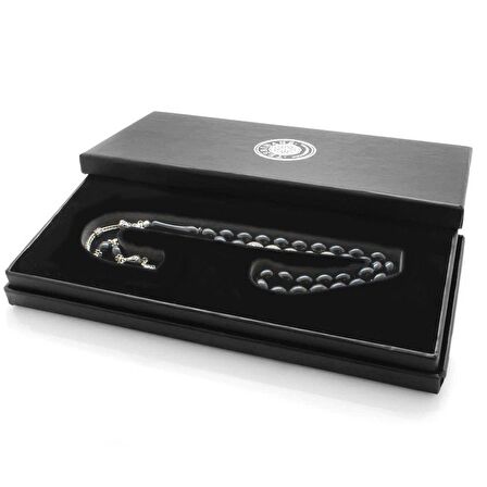 925 Ayar Gümüş Püsküllü Arpa Kesim Gümüş İsim Yazılı Siyah Sıkma Kehribar Tesbih