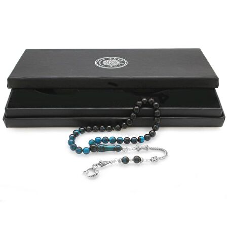 Kararmaz Metal Ayyıldız Püsküllü Küre Kesim Süzme Turkuaz-Siyah Ateş Kehribar Tesbih