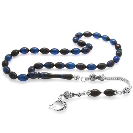 Ayyıldız Kararmaz Metal Püsküllü Arpa Kesim Mavi-Siyah Sıkma Kehribar Tesbih