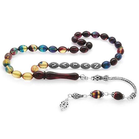 925 Ayar Gümüş Püsküllü Arpa Kesim Gümüş İsim Yazılı Süzme Bonibon Ateş Kehribar Tesbih