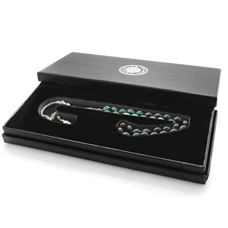 925 Ayar Gümüş Püsküllü Arpa Kesim Gümüş İsim Yazılı Süzme Yeşil-Siyah Ateş Kehribar Tesbih