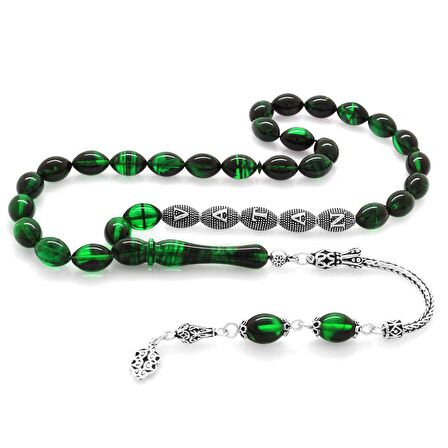 925 Ayar Gümüş Püsküllü Arpa Kesim Gümüş İsim Yazılı Süzme Yeşil-Siyah Ateş Kehribar Tesbih