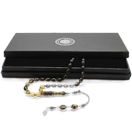 925 Ayar Gümüş Püsküllü Arpa Kesim Gümüş İsim Yazılı Süzme Beyaz-Siyah Ateş Kehribar Tesbih