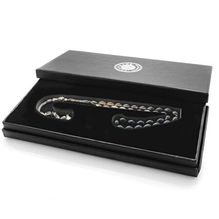 925 Ayar Gümüş Püsküllü Arpa Kesim Gümüş İsim Yazılı Süzme Beyaz-Siyah Ateş Kehribar Tesbih