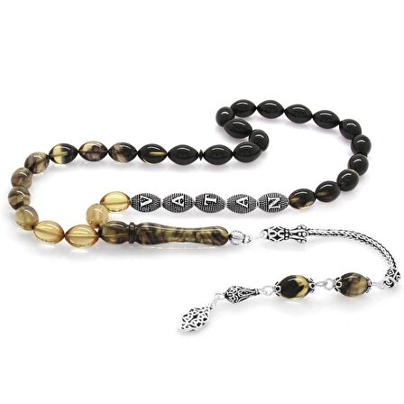 925 Ayar Gümüş Püsküllü Arpa Kesim Gümüş İsim Yazılı Süzme Beyaz-Siyah Ateş Kehribar Tesbih