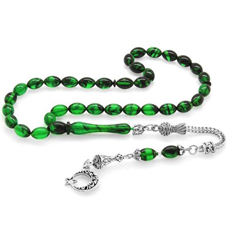 Ayyıldız Kararmaz Metal Püsküllü Arpa Kesim Süzme Yeşil-Siyah Ateş Kehribar Tesbih