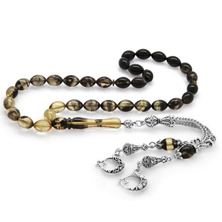 Kararmaz Metal Ayyıldız Püsküllü Arpa Kesim Süzme Siyah-Beyaz Ateş Kehribar Tesbih