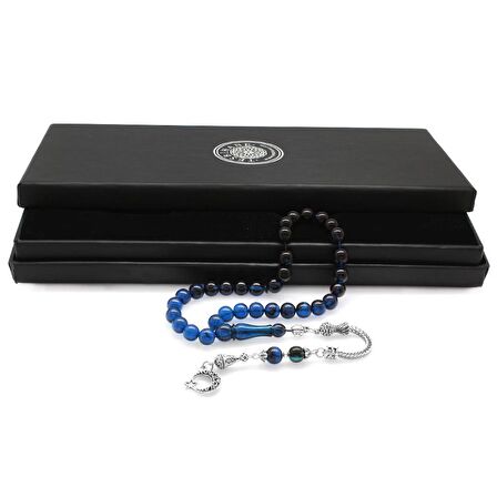 Kararmaz Metal Ayyıldız Püsküllü Küre Kesim Süzme Mavi-Siyah Sıkma Kehribar Tesbih