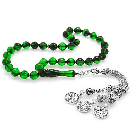 Kararmaz Metal Mecidiye Püsküllü İstanbul Kesim Süzme Yeşil-Siyah Ateş Kehribar Tesbih