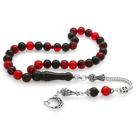 Kararmaz Metal Ayyıldız Püsküllü Küre Kesim Kırmızı-Siyah Ateş Kehribar Tesbih