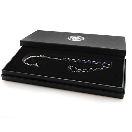 925 Ayar Gümüş Püsküllü Arpa Kesim Gümüş İsim Yazılı Mavi-Siyah Sıkma Kehribar Tesbih