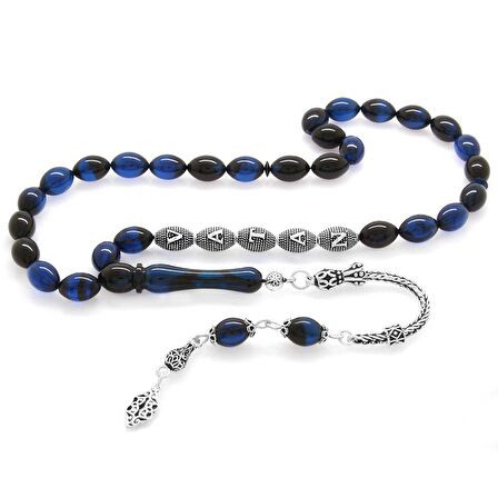 925 Ayar Gümüş Püsküllü Arpa Kesim Gümüş İsim Yazılı Mavi-Siyah Sıkma Kehribar Tesbih