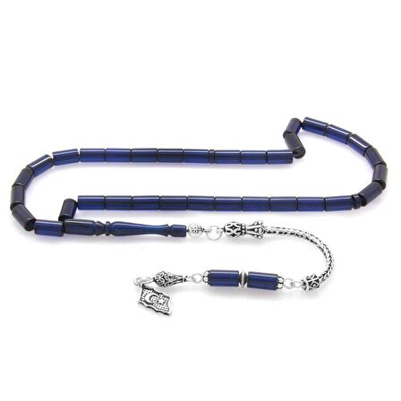 925 Ayar Gümüş Püsküllü Kesme Kesim Lacivert Sıkma Kehribar Tesbih