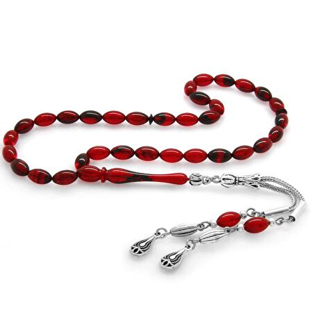 Kararmaz Metal Su Damlası Püsküllü Arpa Kesim Bilek Boy Kırmızı-Siyah Ateş Kehribar Tesbih