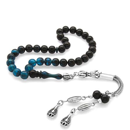 Kararmaz Metal Püsküllü Küre Kesim Bilek Boy Süzme Turkuaz-Siyah Ateş Kehribar Tesbih