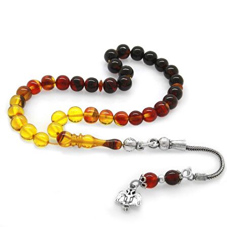 925 Ayar Gümüş Püsküllü Küre Kesim Bilek Boy Süzme Bala-Siyah Ateş Kehribar Tesbih