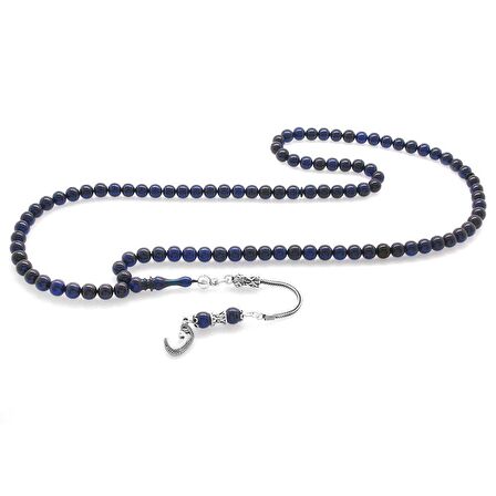 925 Ayar Gümüş Püsküllü Küre Kesim Lacivert Sıkma Kehribar 99luk Tesbih