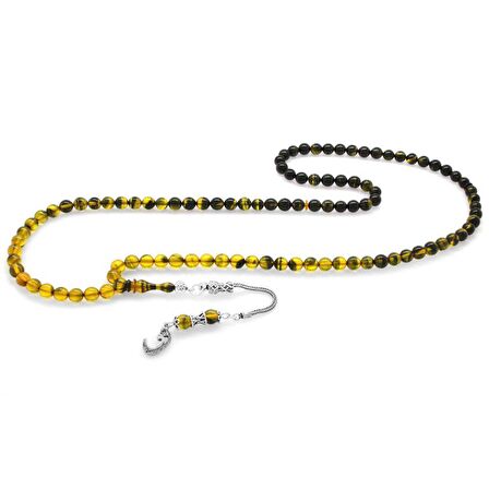 925 Ayar Gümüş Püsküllü Küre Kesim Süzme Sarı-Siyah Ateş Kehribar 99luk Tesbih