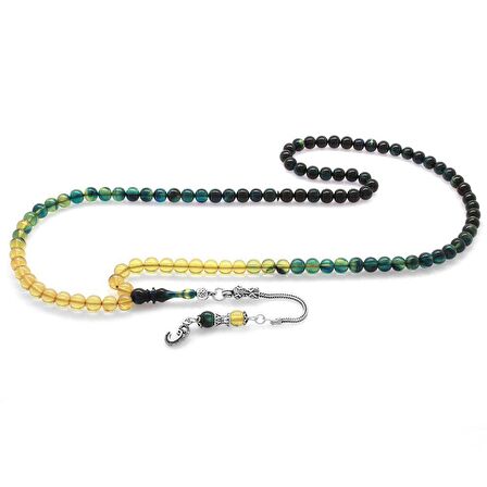 925 Ayar Gümüş Püsküllü Küre Kesim Süzme Mavi-Beyaz Ateş Kehribar 99luk Tesbih