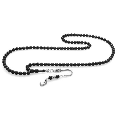 925 Ayar Gümüş Püsküllü Küre Kesim Siyah Sıkma Kehribar 99luk Tesbih