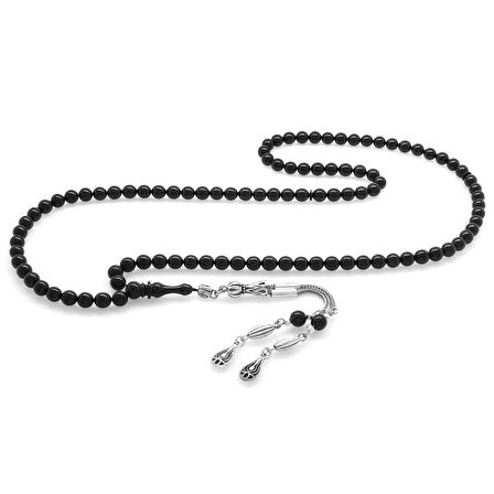 Kararmaz Metal Su Damlası Püsküllü Küre Kesim Siyah Sıkma Kehribar 99luk Tesbih