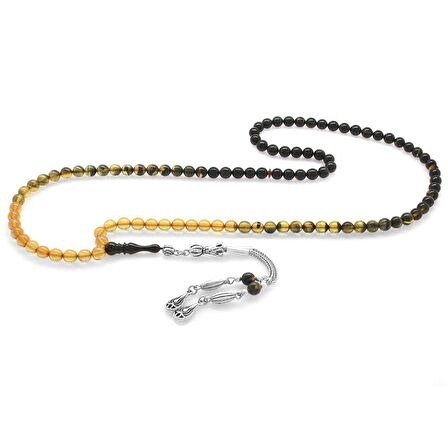 Kararmaz Metal Su Damlası Püsküllü Küre Kesim Süzme Beyaz-Siyah Ateş Kehribar 99luk Tesbih