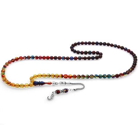 925 Ayar Gümüş Püsküllü Küre Kesim Bonibon Ateş Kehribar 99luk Tesbih