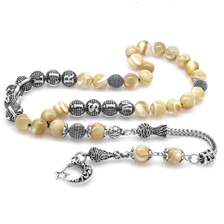 Kararmaz Metal Püsküllü Küre Kesim İsim Yazılı Sarı Sedef Doğaltaş Tesbih