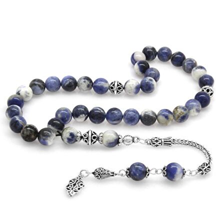 925 Ayar Gümüş Püsküllü Küre Kesim Sodalit Doğaltaş Tesbih