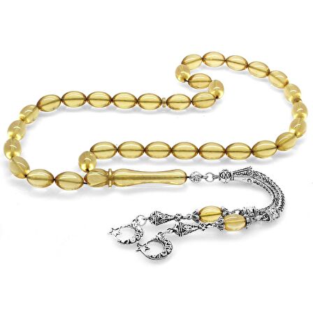 Kararmaz Metal Ayyıldız Püsküllü Arpa Kesim Şeffaf Beyaz Ateş Kehribar Tesbih