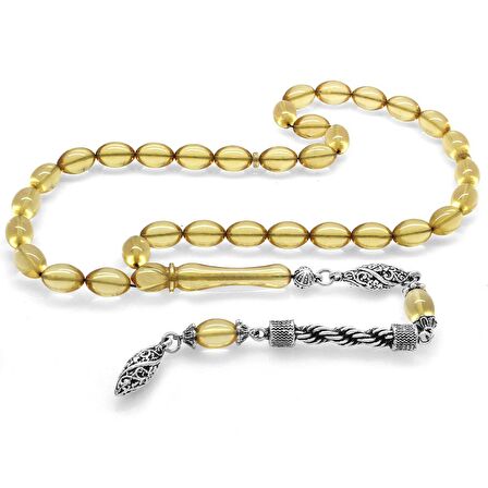 Kararmaz Metal Halat Püsküllü Arpa Kesim Şeffaf Beyaz Ateş Kehribar Tesbih