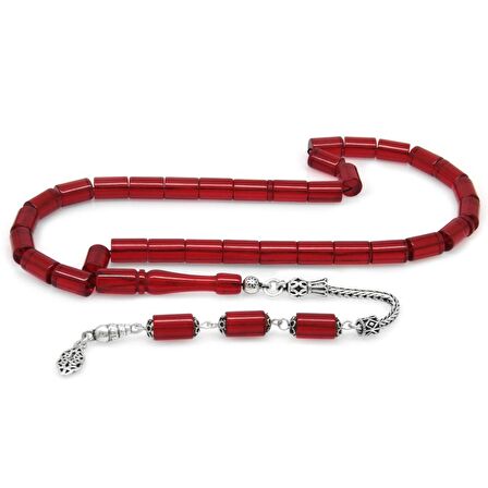 925 Ayar Gümüş Püsküllü Kesme Kesim Kırmızı Ateş Kehribar Tesbih