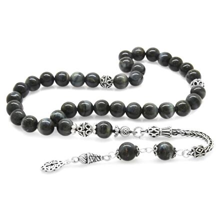 925 Ayar Gümüş Püsküllü Küre Kesim Gri Kaplangözü Doğaltaş Tesbih